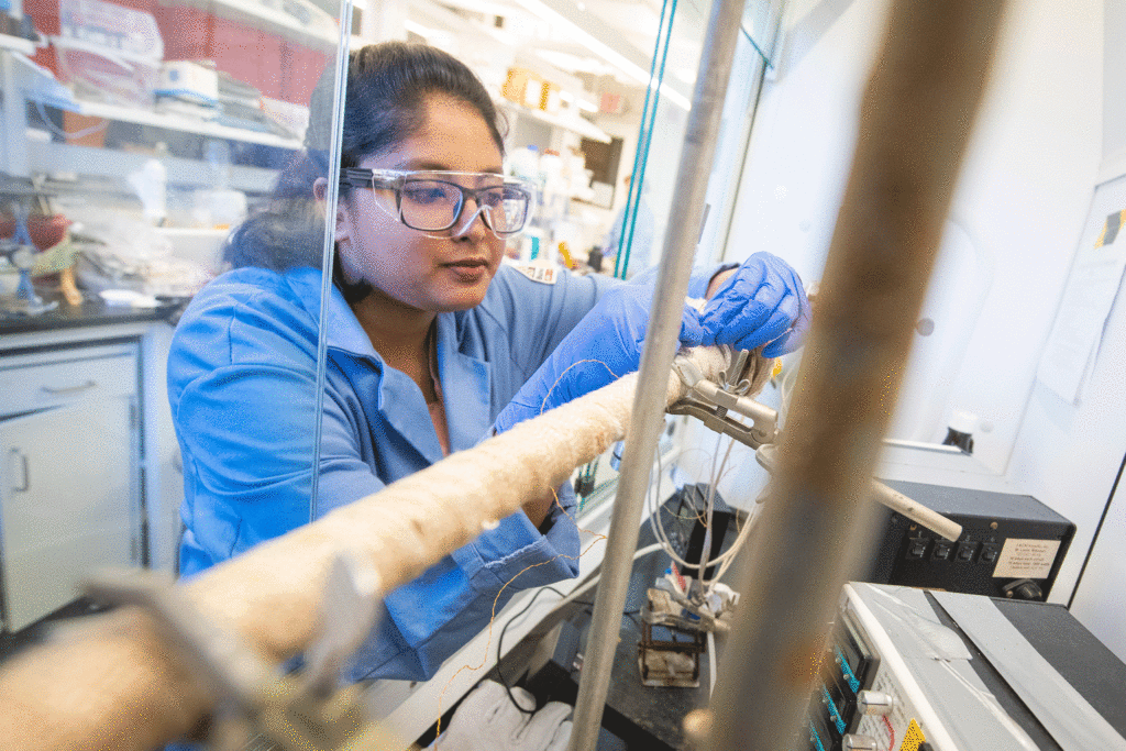 Umama Akther, a second-year Ph.D. student in chemistry, works on equipment in the lab.