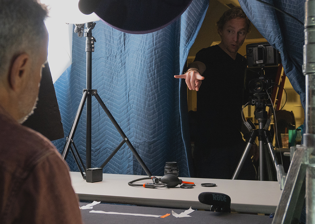 Stephen DiRado and Director of Photography Jason Rossi filming "With Dad" in 2018