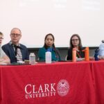 Panelists from left, Joan Fitzgerald, professor of urban and public policy of Northeastern University; Lou Leonard, Clark’s inaugural D.J.A. Spencer Dean of the School of Climate, Environment, and Society; Janelle Knox-Hayes, Lister Brothers Professor of Economic Geography and Planning at MIT; Julie Silva, professor of geography at University of Buffalo; and Christian Binz, a group leader in the cluster of sustainable transitions and business innovations at the Swiss Federal Institute of Aquatic Science and Technology.