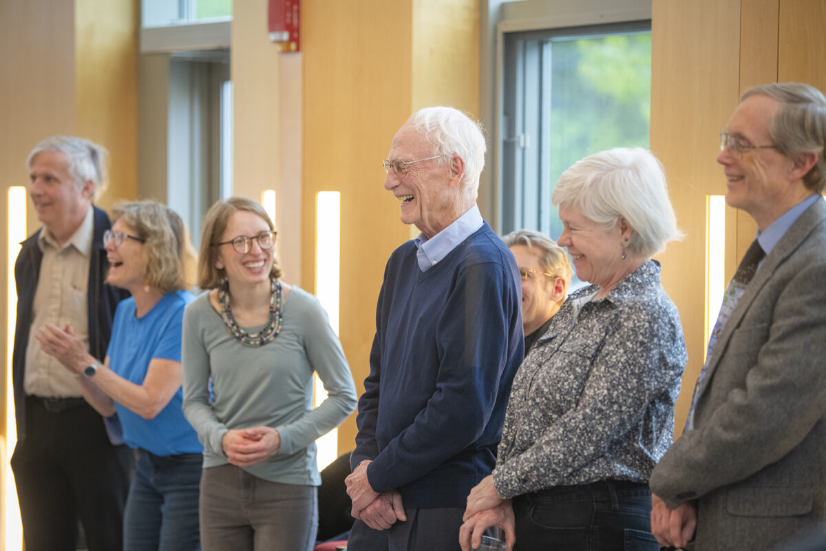 Patrick Derr laughs during the faculty retirement reception