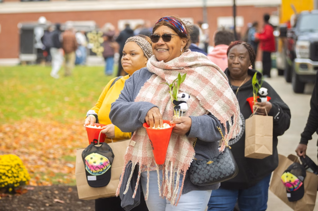 people gather on campus green