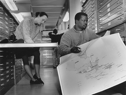 Students conduct research in the Map Library.