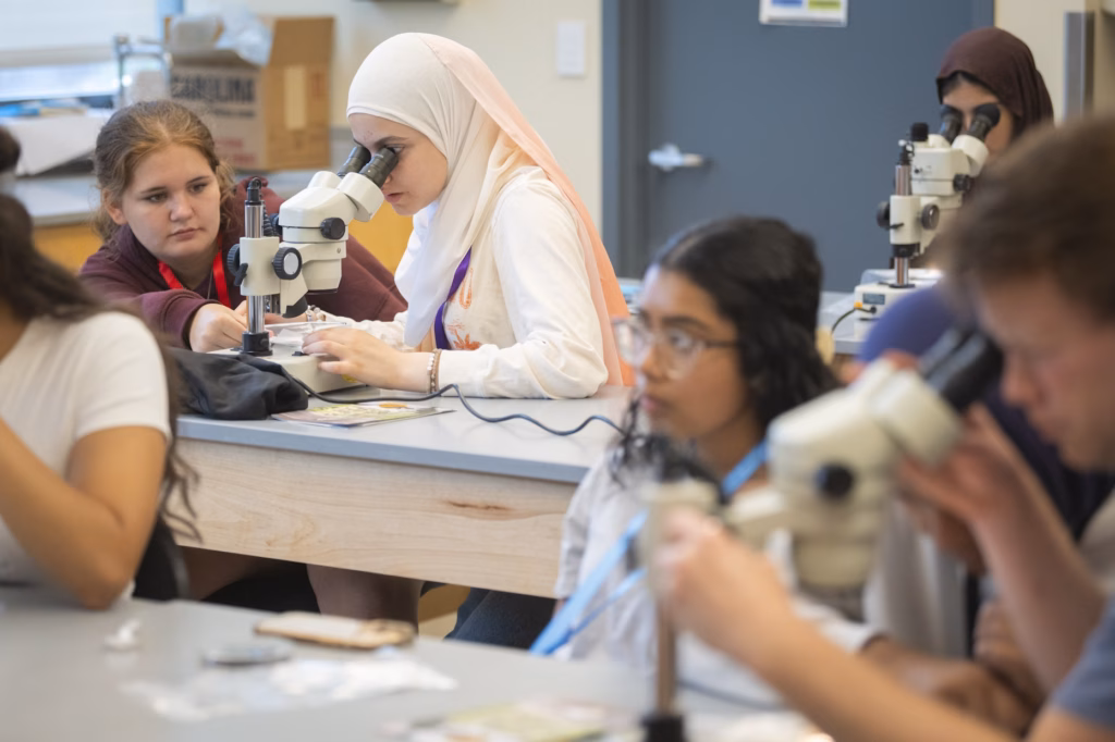 students sit at table with microscopes