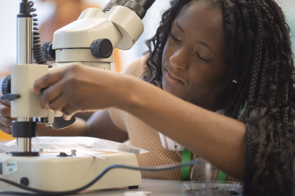 student uses microscope