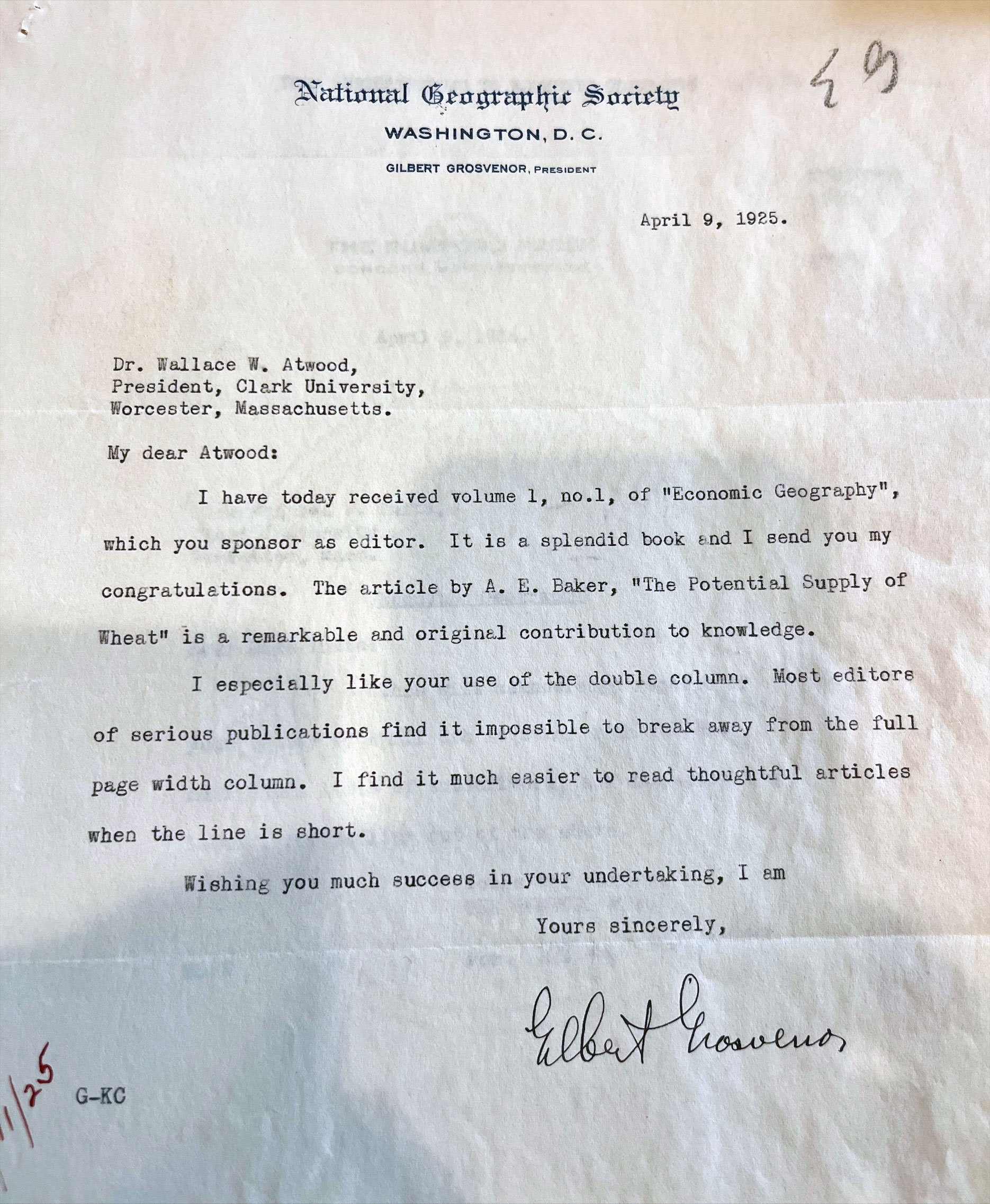 A letter from National Geographic Society president Gilbert Grosvenor to Clark President Wallace Atwood.