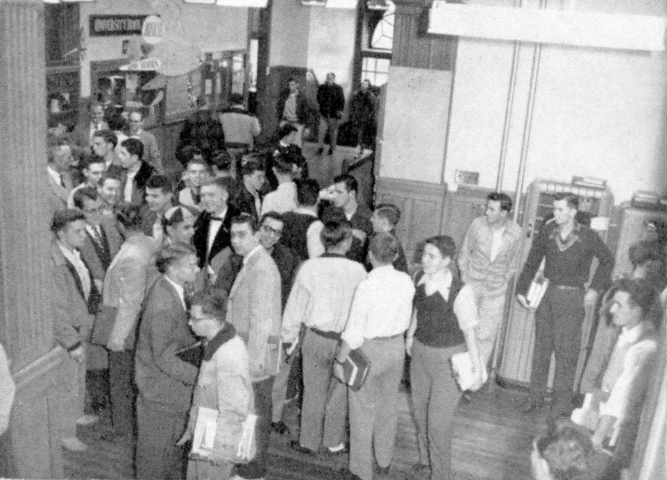 Students mingle in Jonas Clark Hall in 1954