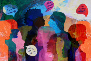 Illustration of people talking with speech bubbles