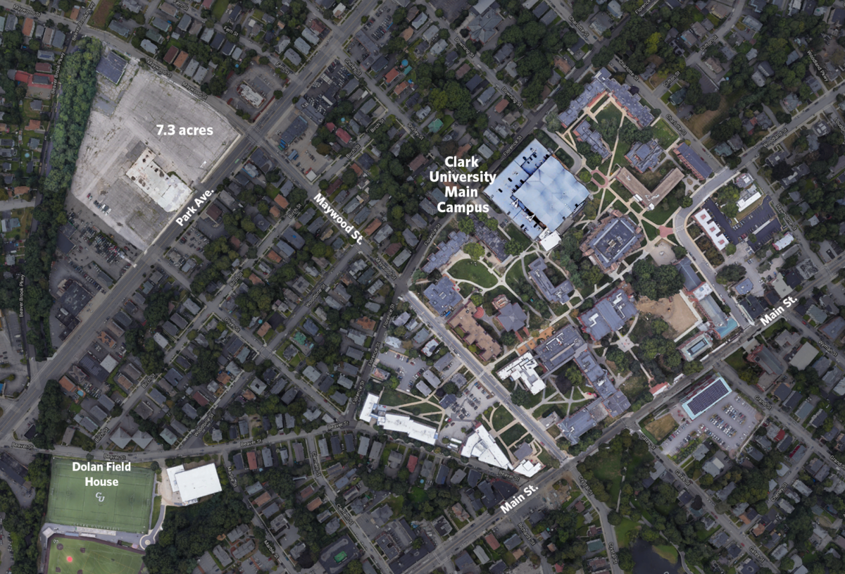 Aerial map showing Clark's campus and new Park Avenue property