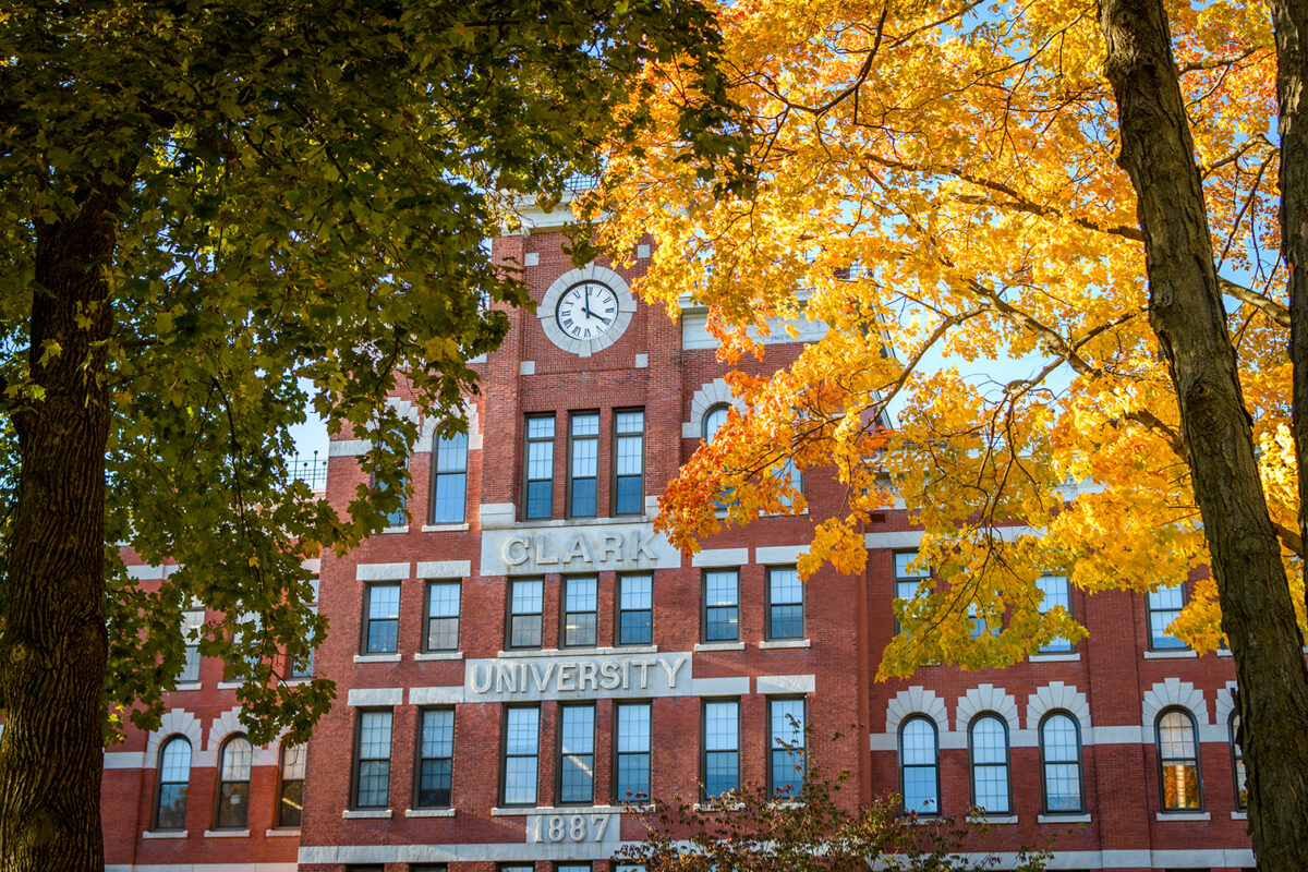 Jonas Clark Hall with autumn leaves
