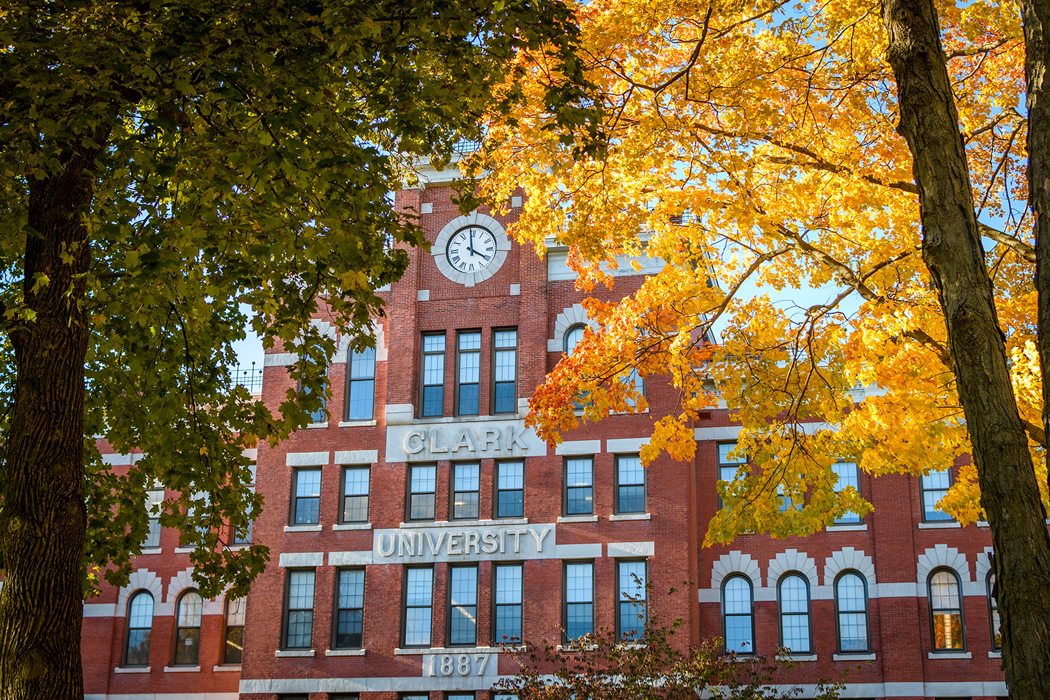 Jonas Clark Hall with autumn leaves