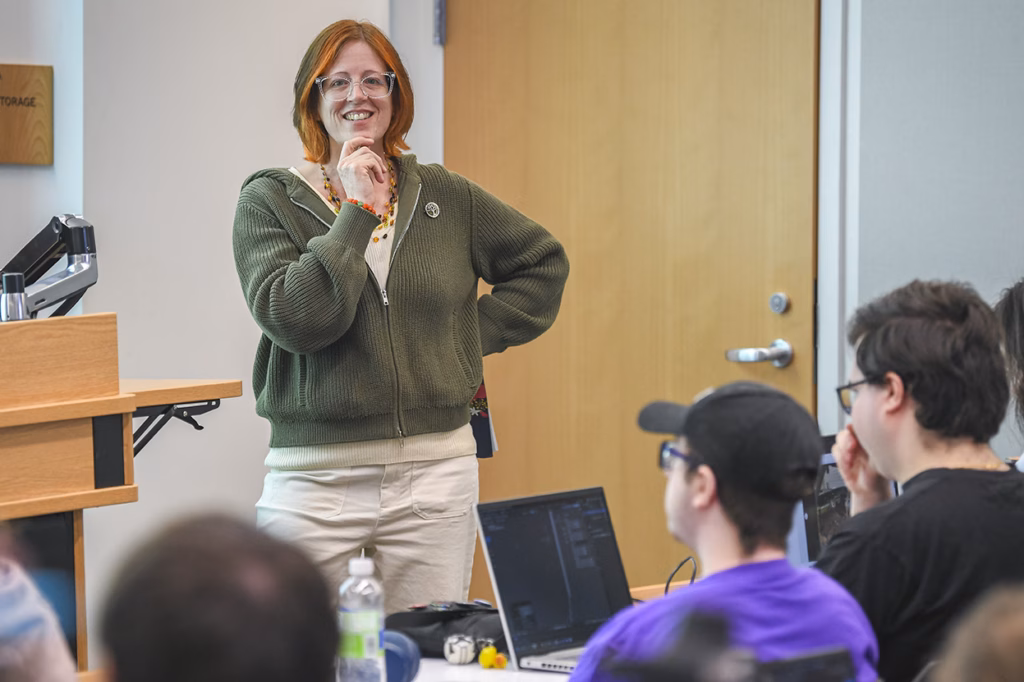 Krissa Rouse addresses a class at the Becker School of Design & Technology