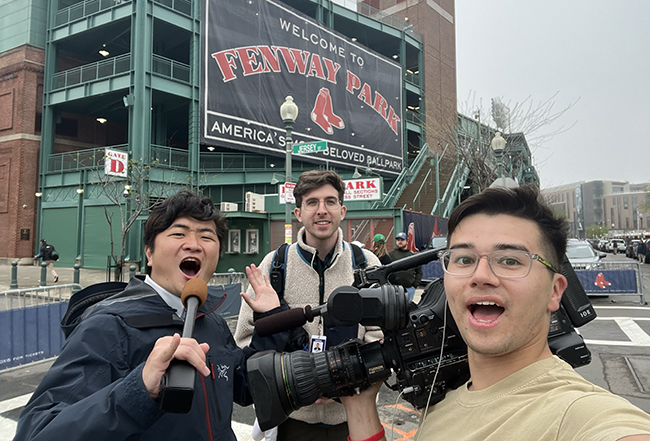 Hunter Hoysradt in Boston with some of his news crew to cover baseball superstar Shohei Ohtani