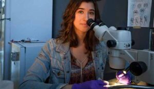 A student seated at a microscope