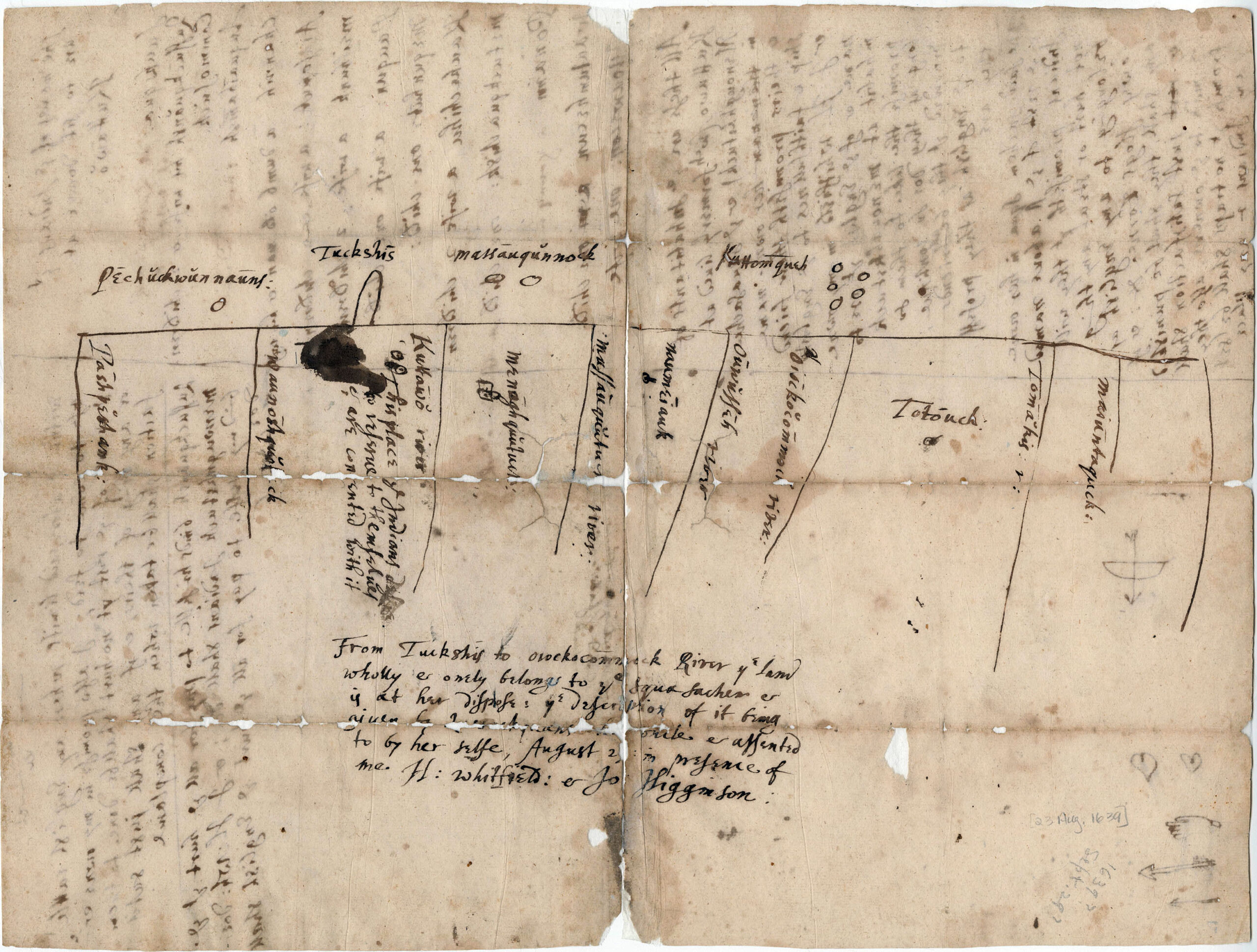 Map of Menuncketuck drawn in ink by Shaumpishuh and her uncle Quassaquanch, with additions from Henry Whitfield and Jon Higgenson, 1639. (Massachusetts Historical Society)