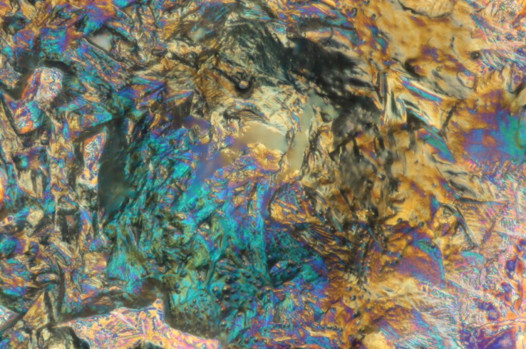 Katelynn Humphrey ’25 conducted controlled experiments and observed the formation of polymer chains under a microscope. Her photos show polymer crystals, which vary in shape, size, and color, depending on the time, temperature, freshness, and concentration/ratio of chemicals — ethanol and ferric chloride — in a solution that she applied during the process. (Photos by Katelynn Humphrey ’25, using a Nikon Eclipse 100ND microscope and NIS-Elements Basic Research software)