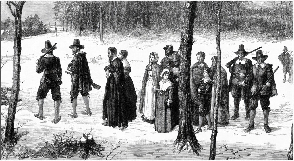 Illustration of Pilgrims going to church in the snow and carrying rifles.