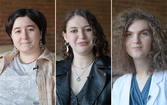 Playfest 2024 playwrights Megan Engstrom ’24, Rosie Cohen ’23, M.A. ’24, and Honey Lawless ’24