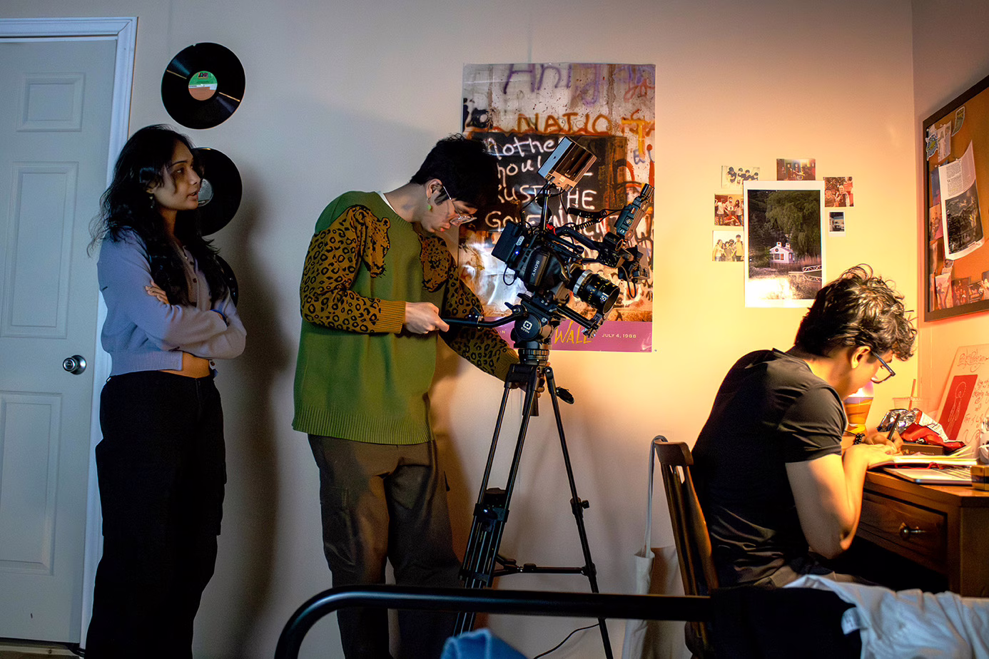Saanvi Singh (left) with alum Gyani Pradhan Wong Ah Sui ’24 and Reevu Majumdar ’28 film a scene from "Pieces of Belonging," a film directed by Singh