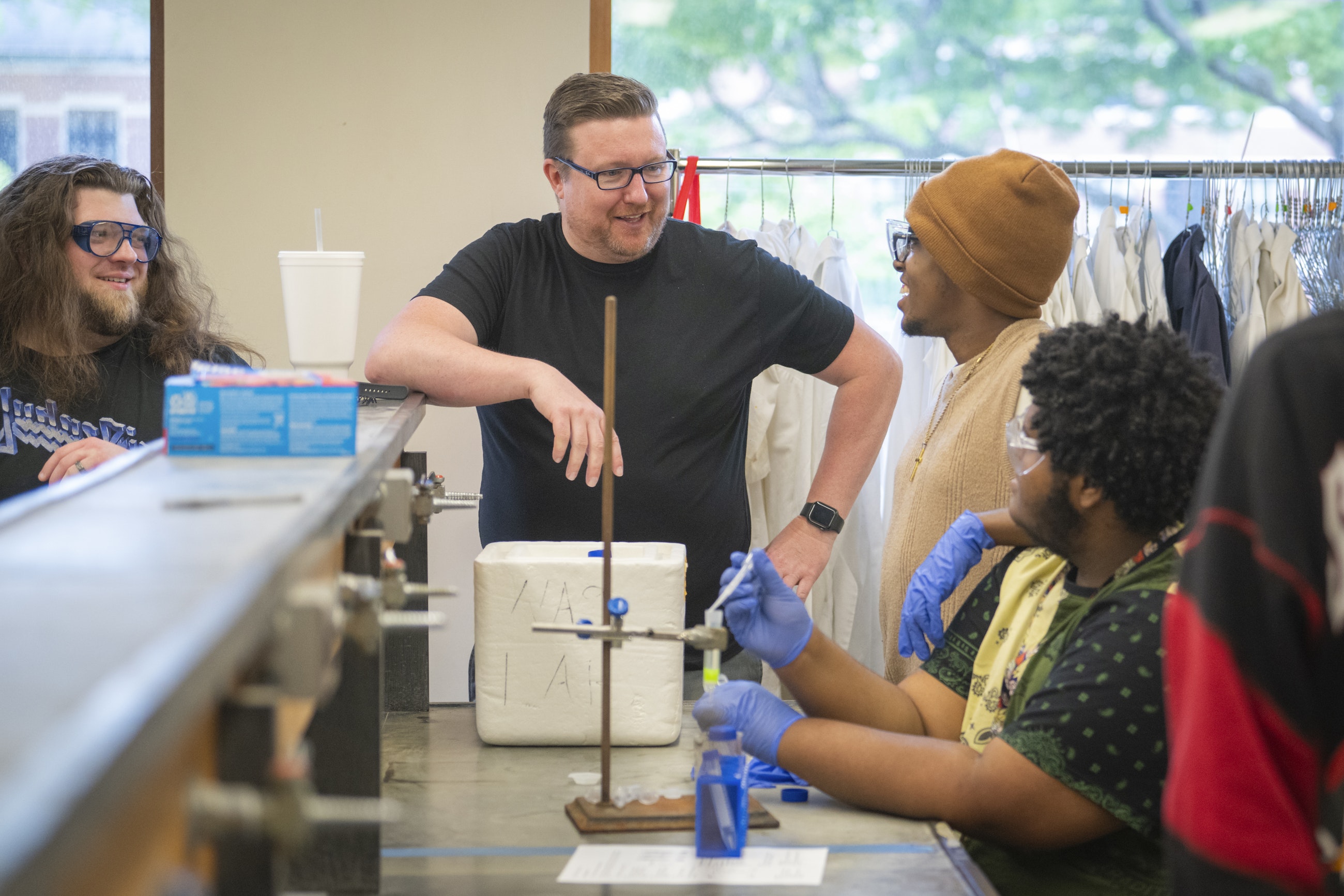 Worcester high school students conducting chemistry experiment at Clark