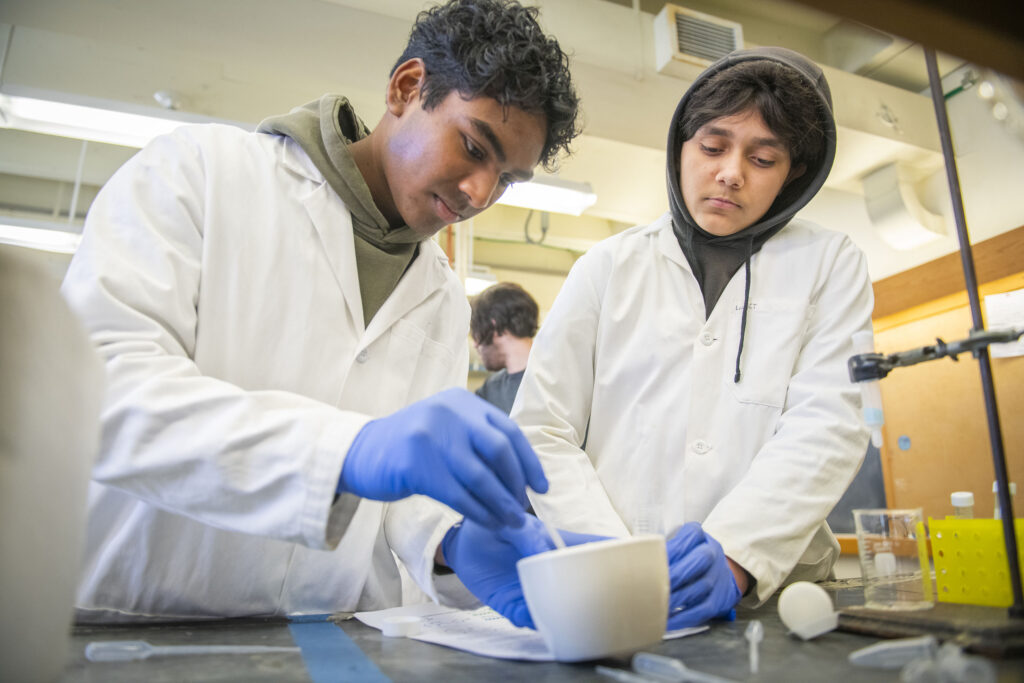 Two students from North High School use a mortar to grind cellular material.