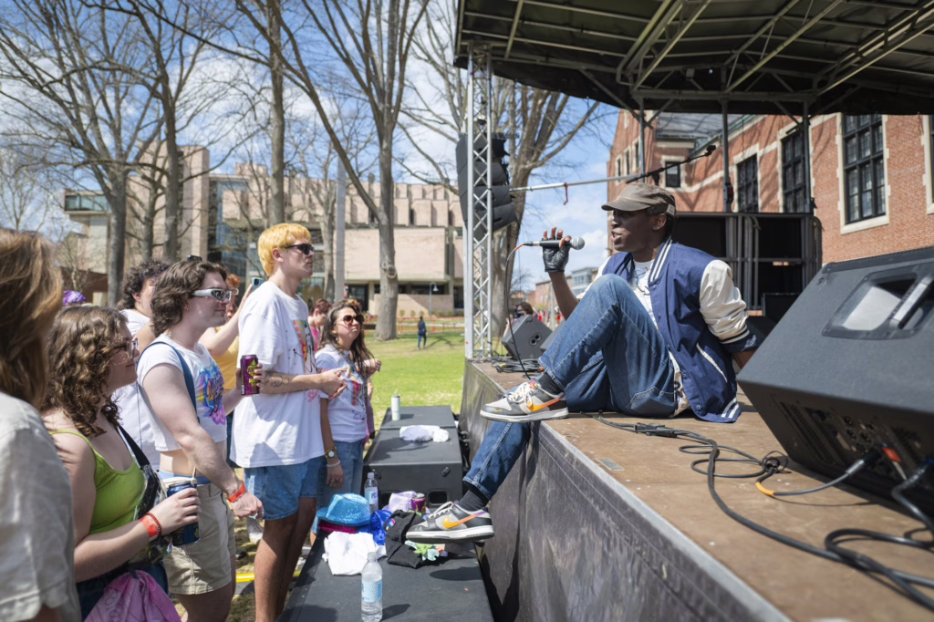 students on campus green