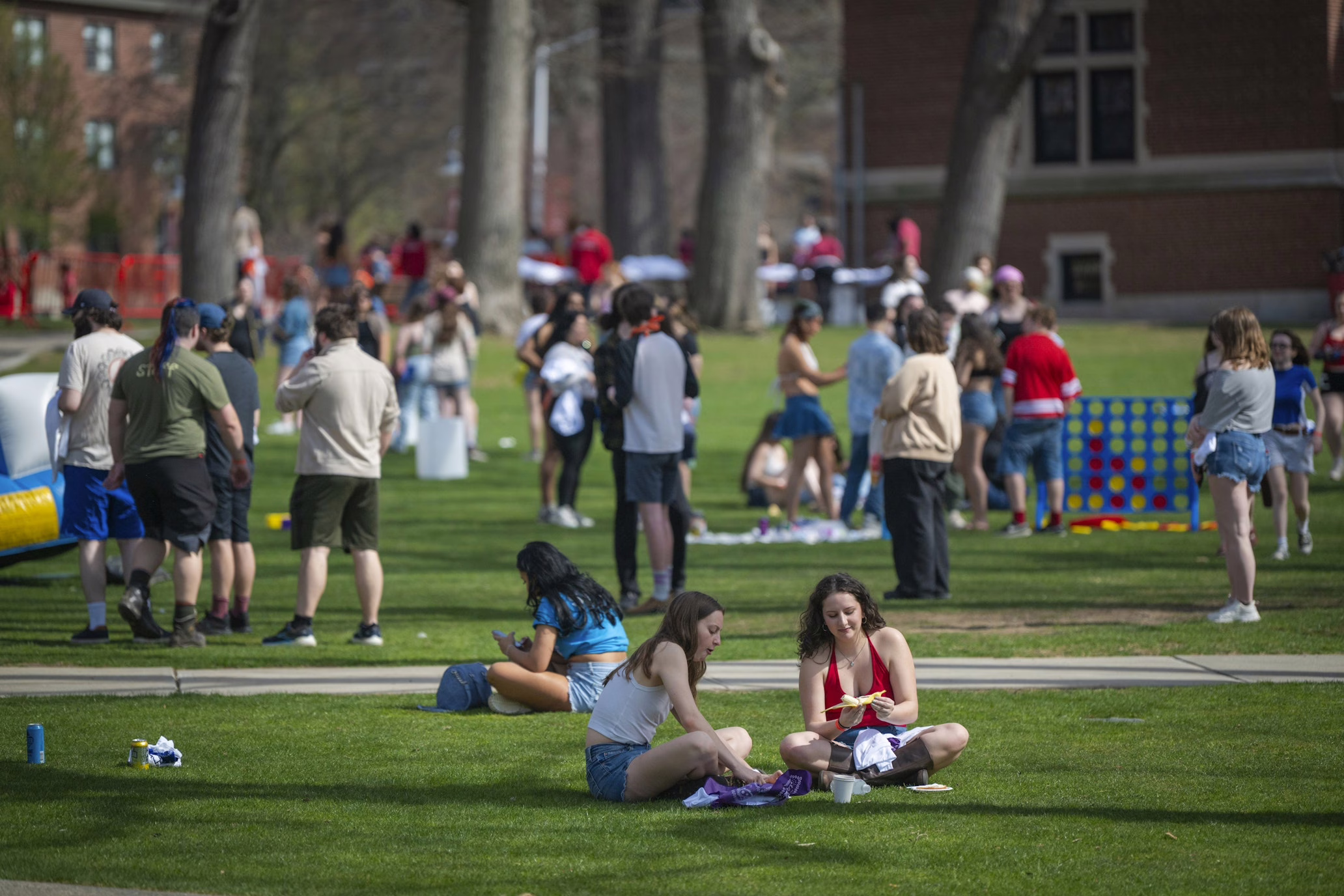 students on campus green