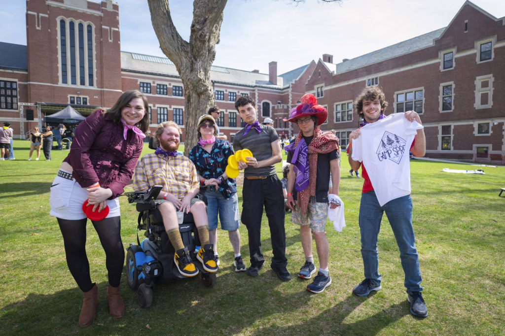 students on campus green