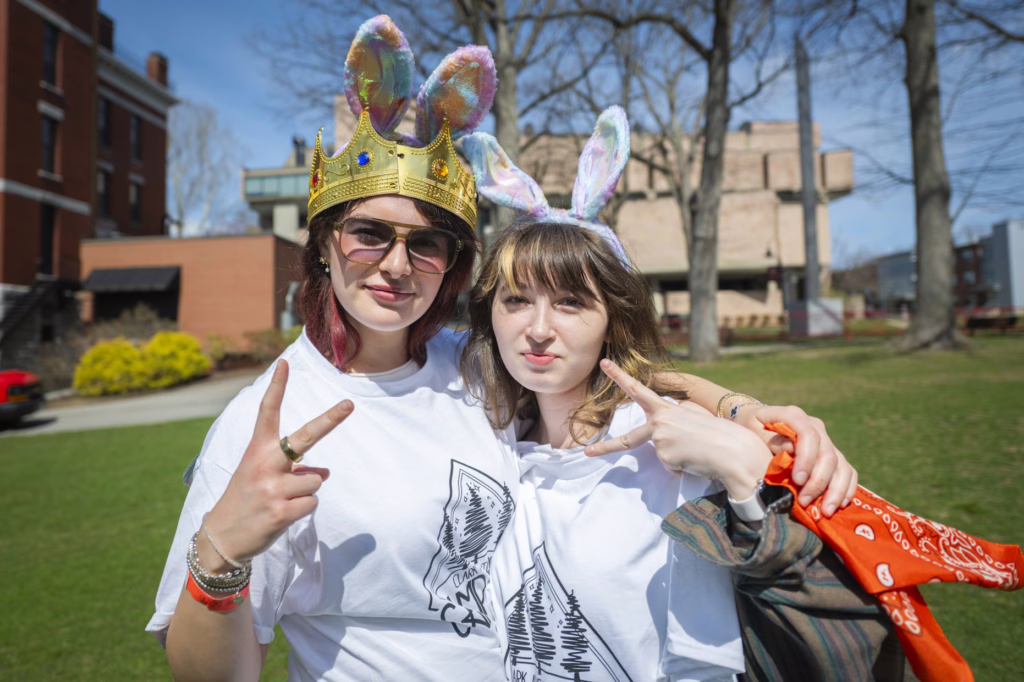 students on campus green