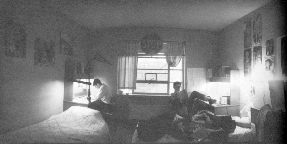 Students study in Clark University dorm room, 1964