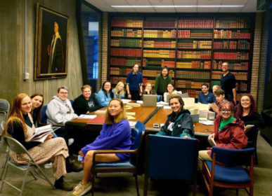 Professor Robert Tobin and students in the Clark Rare Book Room