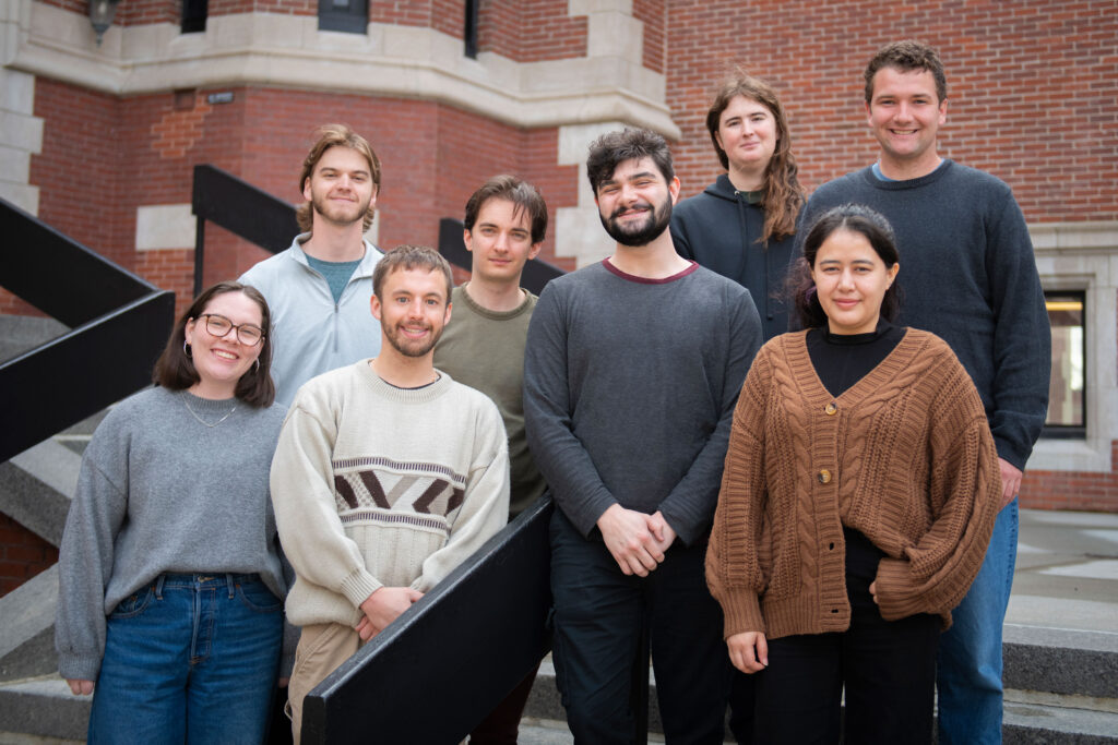 Members of Clark University’s 2025 Wildlife Conservation GIS Research Seminar included, front row, from left, Winnie Gross ’24, M.S.-GIS ’25; Andrew Niehaus ’23, M.S.-GIS ’25; Caleb Kluchman ’24, M.S.-GIS ’25; and Saida Mousavi, M.S.-E&P ’25; and second row, from left, Ben Spencer ’23, M.S.-ES&P ’25; Rory Dickinson ’24, M.S.-GIS ’25; Adlai Nelson ’24, M.S.-GIS ’25; and Tanner Honnef ’24, M.S.-GIS ’25. (Photo by Steven King)