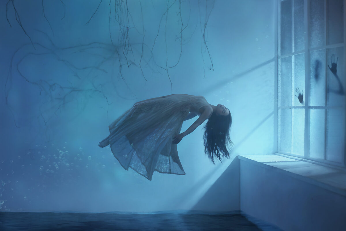 Horror-like scene with woman levitating and intruder at the window