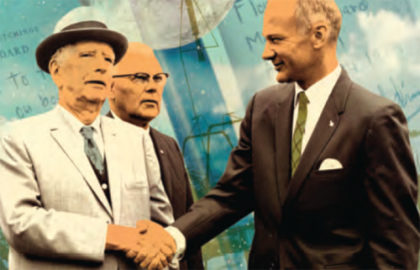 Above: Edwin Aldrin Sr. looks on as son Buzz Aldrin shakes hands with Charles Abbott, retired secretary of the Smithsonian Institution, at the 1969 dedication of the Goddard Library.