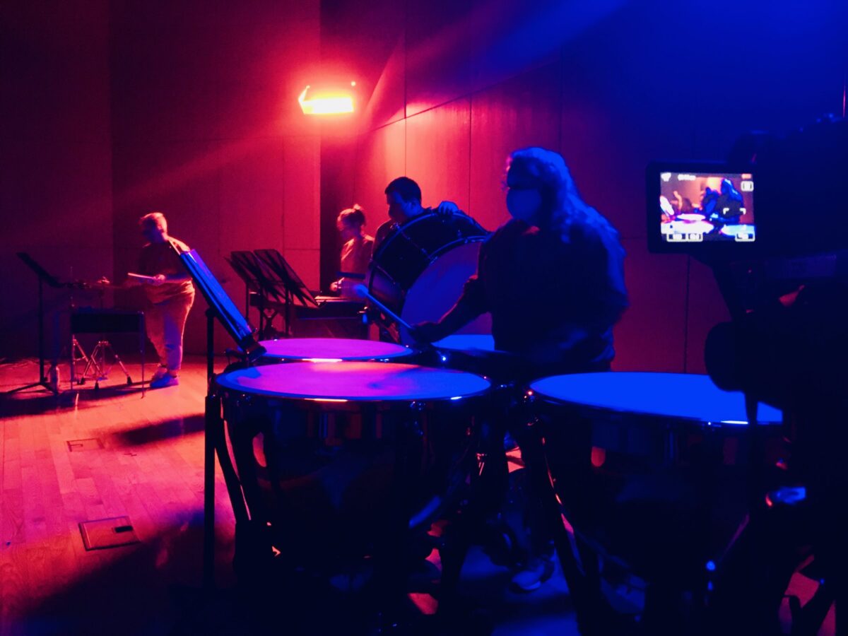 Concert Band percussion section performs in Razzo Hall