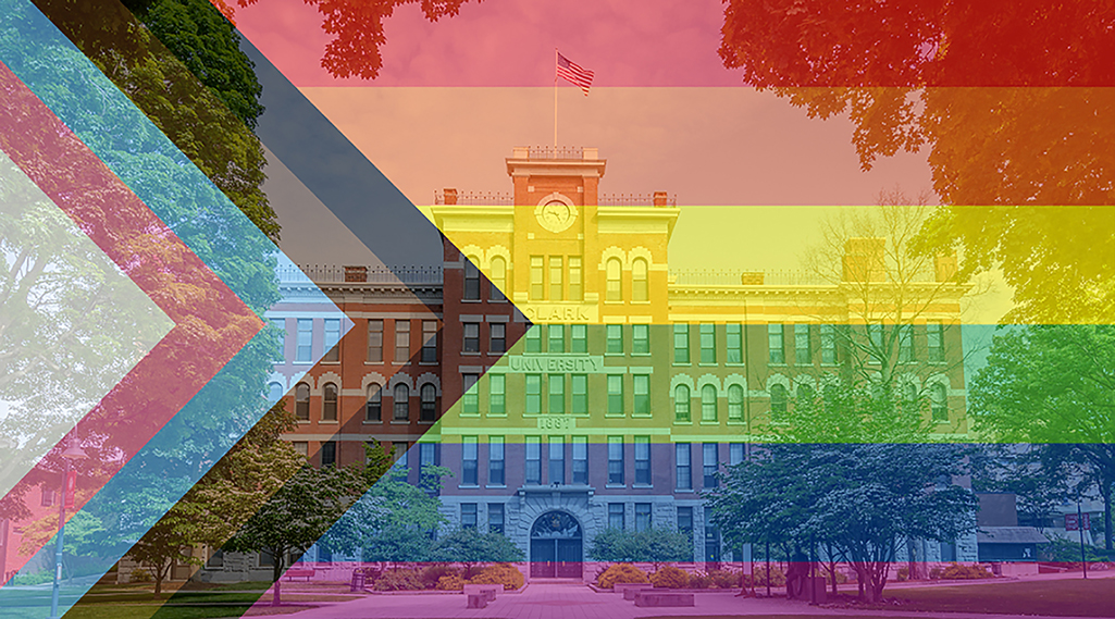 Jonas Clark Hall with Progress Pride flag overlay