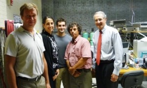 Simon, far right, meets the Machflow team, from left: employees Sergei Ivanov and Elham Ghaem-Maghami, intern Daniel Olecki, and Prof. Agosta.
