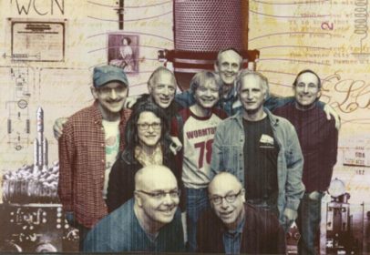 Attending the WCUW 40th reunion: (front) John McAvoy '78 and Neil Glassman '75; (middle) Carol Marie Kowalski '81 and Ivan Lipton '78; (back) Peter Sohn '77, Stanley Sakellson '78, Leland Stein '78, Walter Henritze '74 and David Goldberg '78.