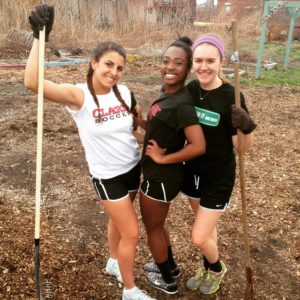 Athletes from the Clark's women's soccer and field hockey teams volunteered with the Regional Environmental Council. Pictured, from left to right, are Haley Connors '17, Caitland Baxter '18 and Megan Tighe '17.