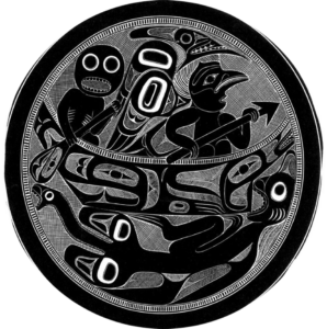 A drawing of a carving by Charles Edenshaw in the late 1800s depicting the Haida myth of the origin of women.