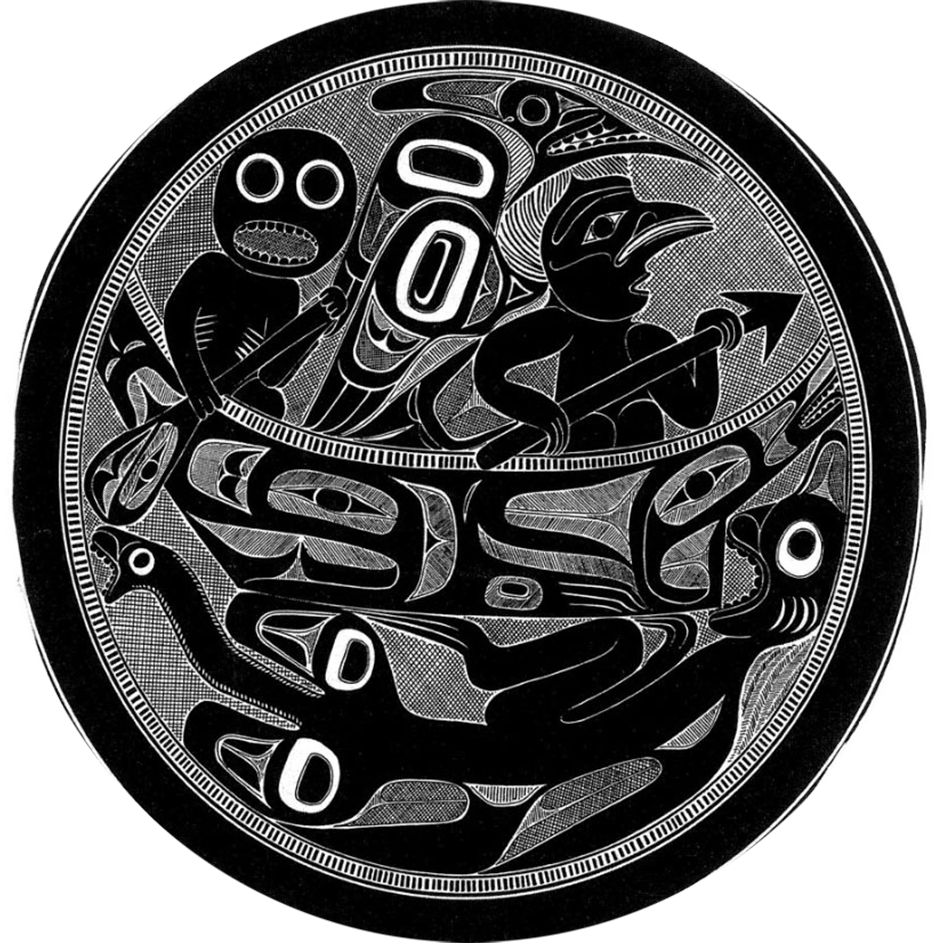 Drawing from a carving by Charles Edenshaw in the late 1800s depicting the Haida myth of the origin of women.