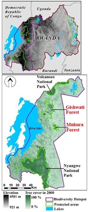Location of Arakwiye's study areas in western Rwanda