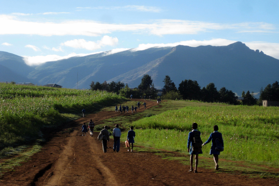 people walking on road with mountains in the background