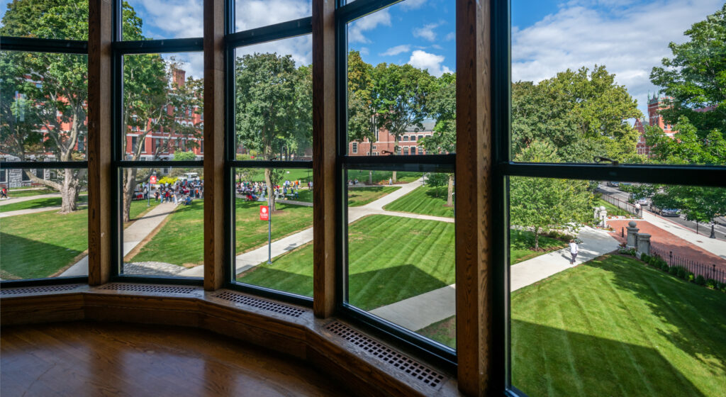 A view of campus through the windows in Tilton Hall