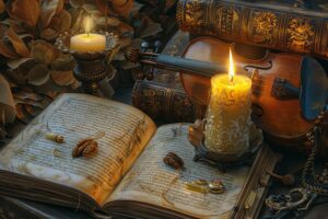 traumatic tales:Still life with an antique violin, old books, candles, autumn leaves and vintage accessories