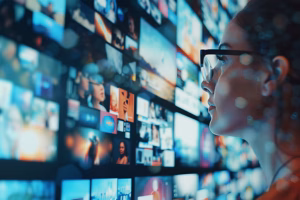 Critical Perspectives on Television - girl looking at screen of tvs