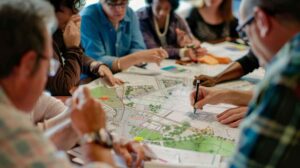 Health, Science and Society engineers sitting around table looking over engineering plan of housing development