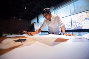 An interactive media student working on a design project