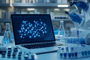 biochemistry computer - Molecular modeling in drug discovery, with scientists analyzing on a laptop and lab samples in the foreground, featuring ample copy space