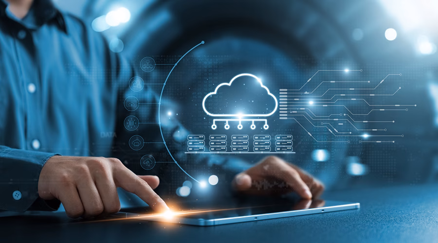 cloud computing - man with finger on laptop illustration