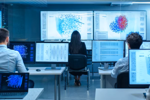 machine learning with students in systems lab area looking over large computer screens